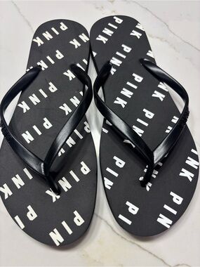 PINK Victoria's Secret Black & White Logo Flip Flop Sandals